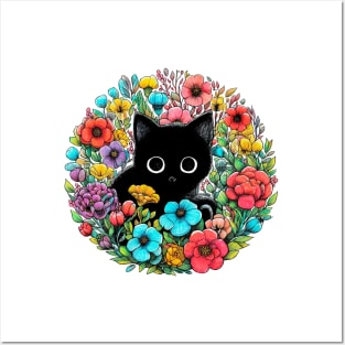 Cat and Flowers Posters and Art